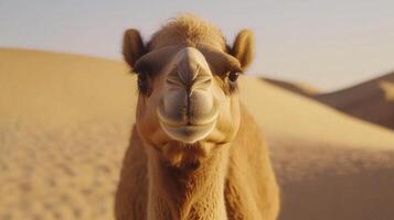 A camel standing in the desert, with a playful and curious expression. photo