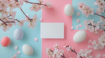 Easter card mockup with eggs, and blossoms, on a pastel pink and blue background. 13 photo