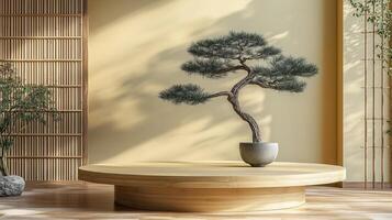A bamboo podium for product display with an Asian background. photo