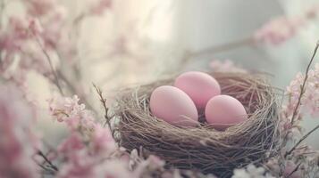 Easter eggs in a bird's nest, with pastel colors, spring flowers. 9 photo