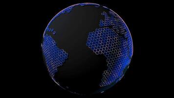 Stylized planet Earth with continents formed by blue hexagons on a black sphere rotating 360 degrees against a background with alpha channel. Loop sequence. 3D Animation video