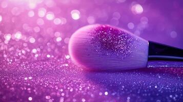 A makeup brush with glitter on the bristles, set against a purple bokeh background. 9 photo