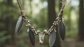 The necklace with weathered bones and dull gray feathers against a forest background 8 photo