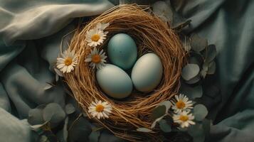 Easter eggs placed in a nest, surrounded by eucalyptus leaves and flowers, on a linen fabric. 11 photo