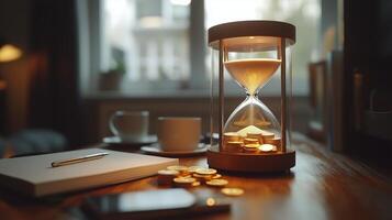 A sand-filled hourglasses with the sand flowing into the lower chamber transforms into gold coins. photo