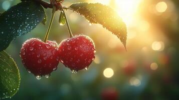 A natural background with sun rays shining on two juicy red cherries hanging from the branches. photo