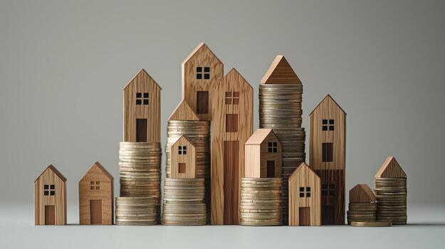 Stacked coins forming towers topped with houses, against a gray gradient backdrop. 14 photo