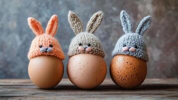Three eggs with knitted bunny hats, on a wooden table, against a gray background. 13 photo