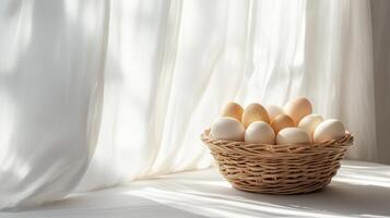 Simple white colored Easter background with an empty table and a basket of Easter eggs. 13 photo
