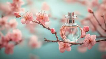 A perfume bottle standing on a branch of pink cherry blossoms with light green background. photo