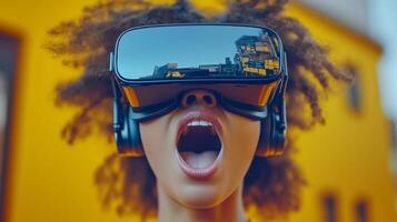 Woman wearing a virtual reality headset and screaming while playing a game. 8 photo