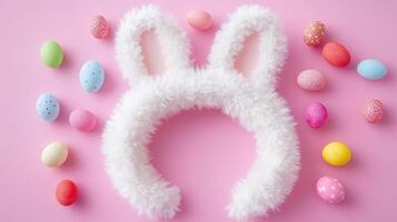 White fluffy bunny ears with colorful candies, top view. Easter concept. 11 photo