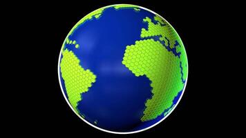 Stylized planet Earth with continents formed by green hexagons on a bright blue sphere rotating 360 degrees against a background with alpha channel. Loop sequence. 3D Animation video