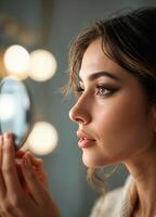 a woman looking and check her eyeliner in the mirror while holding a mirror. Beautiful Woman Looking in Mirror photo