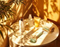 a table with a bottle of lotion, a face roller jade and a skincare products. Luxurious Skincare Ritual photo
