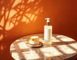 a bottle of body lotion and a jar of cream on a marble table. Luxurious Skincare Set photo
