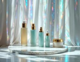 a collection of beauty products on a marble table with holographic curtains on background. Luxury Skincare Set photo
