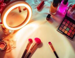 makeup brushes, makeup and a mirror on a bed. Makeup Vanity Flatlay photo