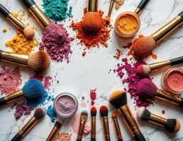 makeup brushes and powders arranged in a circle. Colorful Makeup Brushes and Powders photo
