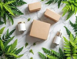 brown boxes with bottles of skincare surrounded by green leaves on marble background. EcoFriendly Product Packaging photo
