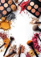 makeup brushes and powders arranged in a circle on a white background. Makeup Palette and Brushes photo