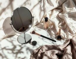 a mirror, makeup brush and other items on a bed. Beauty Essentials Flatlay photo