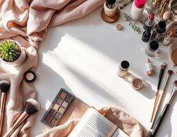 makeup brushes, cosmetics and other items on a white surface with sunlight. photo