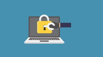 Gloved hand unlocks a padlock on a laptop screen. Cybersecurity concept suitable for technology, data protection, internet security video
