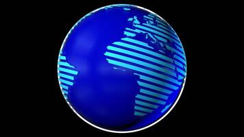 Stylized planet Earth with continents formed by thick lines on bright blue sphere rotating 360 degrees against background with alpha channel. Loop sequence. 3D Animation video