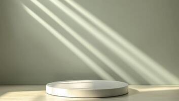 Empty round podium, sunbeams on a light green wall, product display photo