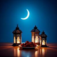 Serene Ramadan Background with Crescent Moon and Colorful Lanterns photo