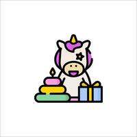 A unicorn is sitting next to a cake and presents vector