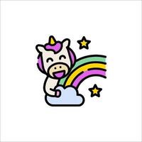 A cartoon unicorn is sitting on a rainbow vector