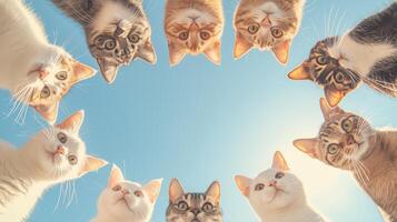 From a bottom-up perspective, eight cats form a circle and the on the background. 8 photo