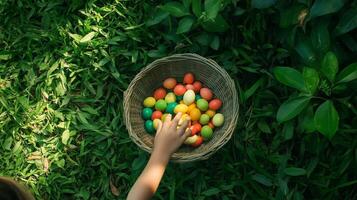 A childs hands next to an Easter basket with colorful eggs, set on lush green grass. 11 photo