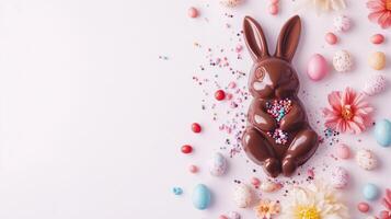 Chocolate Easter bunny, surrounded by small eggs and flowers on a white background. 10 photo