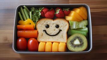 Childs lunch box featuring a fun arrangement of healthy foods, including a smiling sandwich. 2 photo