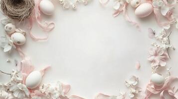 Easter-themed background with eggs, bird's nest, flowers and ribbons. 10 photo
