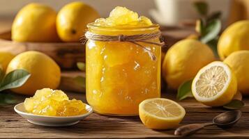 A jar of golden quince marmalade, decorated with a rustic twine bow. 8 photo