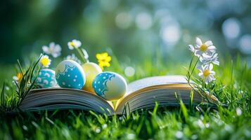 An open book with Easter eggs on the grass, flowers in the background. 8 photo