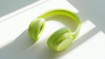 Wireless headphones in a bright neon yellow, placed on a white surface. 8 photo