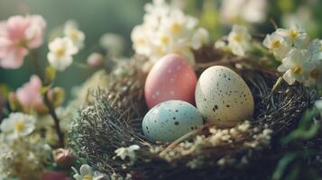 Easter eggs in a bird's nest, with pastel colors, spring flowers. 8 photo
