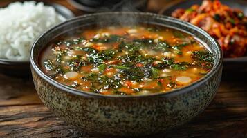 A steaming bowl of traditional Korean seaweed soup, with a side of rice and kimchi. 7 photo