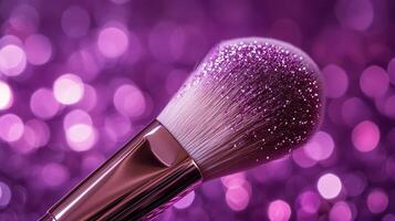 A makeup brush with glitter on the bristles, set against a purple bokeh background. 8 photo