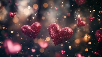 Glittering red hearts floating in the air, against a dark background with blurred lights. 2 photo