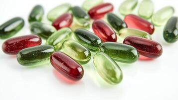 Gummy vitamins, multivitamin gels in various colors and sizes on white background. 2 photo