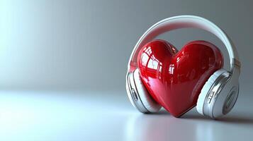 A red heart with white headphones on a white background. 2 photo