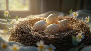 Easter eggs placed in a nest, surrounded by eucalyptus leaves and flowers, on a linen fabric. 10 photo