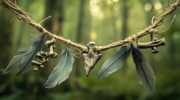 The necklace with weathered bones and dull gray feathers against a forest background. 7 photo