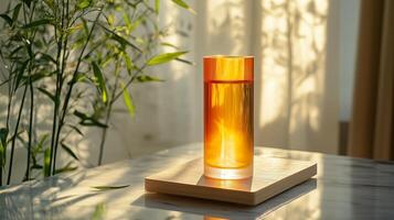 A cylindrical, small orange essential oil bottle with a single bamboo leaf. 6 photo